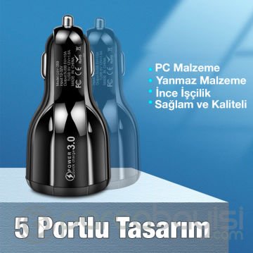 USLION 5 Portlu QC3.0 Çoklu USB Araç Çakmaklık Hızlı Şarj Aleti Araç Şarjı