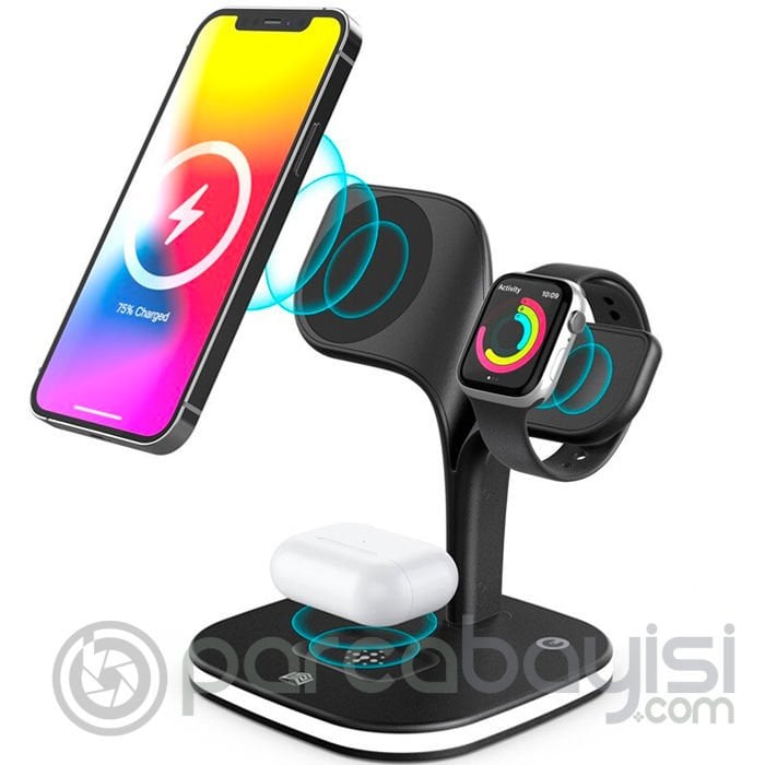 Ally 5in1 iPhone 15-14-13-12 Apple Watch Tutucu Kablosuz Şarj İstasyonu Hızlı Şarj Standı LED Işıklı
