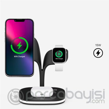 Ally 5in1 iPhone 15-14-13-12 Apple Watch Tutucu Kablosuz Şarj İstasyonu Hızlı Şarj Standı LED Işıklı