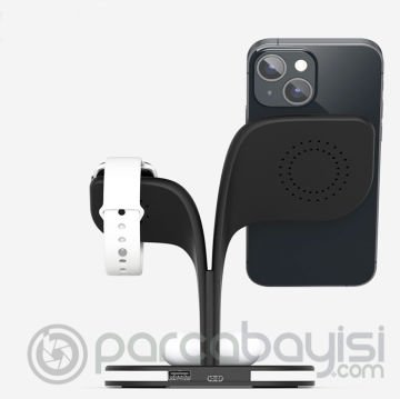 Ally 5in1 iPhone 15-14-13-12 Apple Watch Tutucu Kablosuz Şarj İstasyonu Hızlı Şarj Standı LED Işıklı