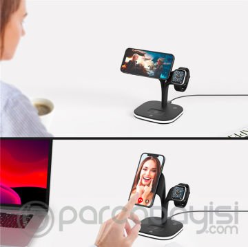 Ally 5in1 iPhone 15-14-13-12 Apple Watch Tutucu Kablosuz Şarj İstasyonu Hızlı Şarj Standı LED Işıklı