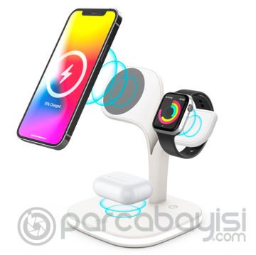 Ally 5in1 iPhone 15-14-13-12 Apple Watch Tutucu Kablosuz Şarj İstasyonu Hızlı Şarj Standı LED Işıklı