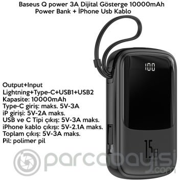Baseus Q pow 3A Dijital Gösterge 10000mAh Power Bank +İPhone Şarj Başlık