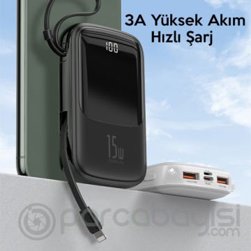 Baseus Q pow 3A Dijital Gösterge 10000mAh Power Bank +İPhone Şarj Başlık