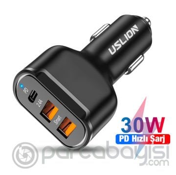 USLİON 30W 2 USB + Type-C Girişli QC3.0 Hızlı Araç Çakmaklık Şarjı