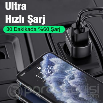 USLİON 30W 2 USB + Type-C Girişli QC3.0 Hızlı Araç Çakmaklık Şarjı