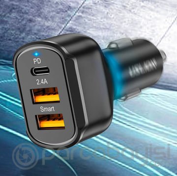 USLİON 30W 2 USB + Type-C Girişli QC3.0 Hızlı Araç Çakmaklık Şarjı