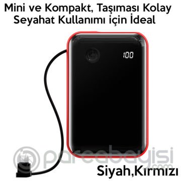 Baseus Mini S 3A 10000mAh Dijital Gösterge Power Bank+İPhone Şarj Başlık