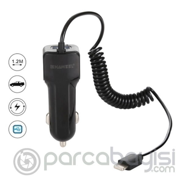 Haweel 5v 3.1a Hızlı Araç Şarj+ Spiral İphone Usb Kablolu