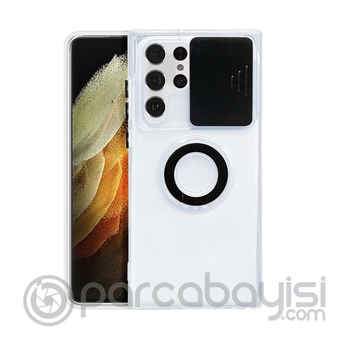 SM Galaxy S22 Ultra Kılıf Sürgülü Kamera Lens Korumalı Yüzük Standlı Silikon Kılıf