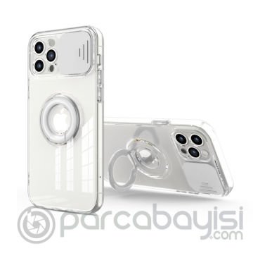 Ally iPhone 11 Pro Max 6.5inç Kılıf Sürgülü Kamera Lens Korumalı Yüzük Standlı Silikon Kılıf