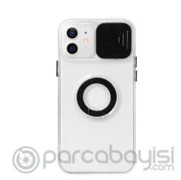 Ally iPhone 12 6.1inç Kılıf Sürgülü Kamera Lens Korumalı Yüzük Standlı Silikon Kılıf