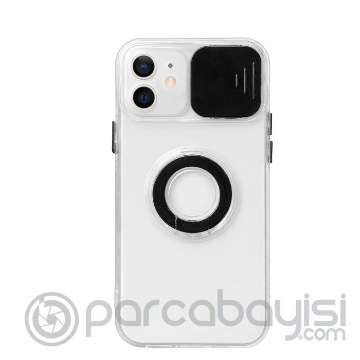 Ally iPhone 12 Mini 5.4inç Kılıf Sürgülü Kamera Lens Korumalı Yüzük Standlı Silikon Kılıf