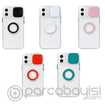 Ally iPhone 12 Mini 5.4inç Kılıf Sürgülü Kamera Lens Korumalı Yüzük Standlı Silikon Kılıf