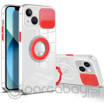 Ally iPhone 13 Mini 5.4inç Kılıf Sürgülü Kamera Lens Korumalı Yüzük Standlı Silikon Kılıf