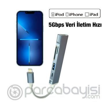 Ally S-503 5in1 Lightning to USB + SD Kart Hub Adaptör Çevirici Dönüştürücü
