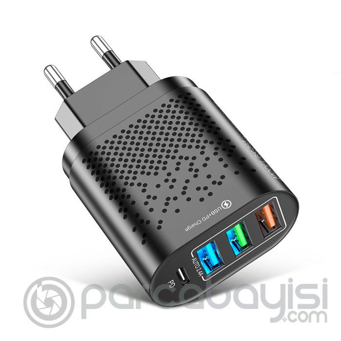 USLİON 3 USB + Type-C Giriş 48W PD Hızlı Şarj Başlık Şarj Adaptörü