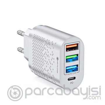 USLİON 3 USB + Type-C Giriş 48W PD Hızlı Şarj Başlık Şarj Adaptörü