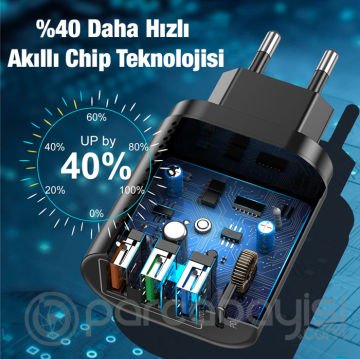USLİON 3 USB + Type-C Giriş 48W PD Hızlı Şarj Başlık Şarj Adaptörü
