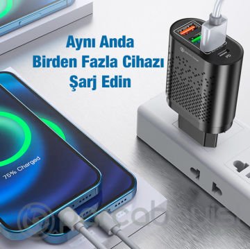 USLİON 3 USB + Type-C Giriş 48W PD Hızlı Şarj Başlık Şarj Adaptörü
