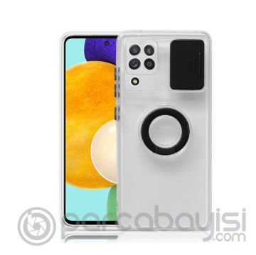 SM Galaxy A12 - M12 - F12 Kılıf Sürgülü Kamera Lens Korumalı Yüzük Standlı Silikon Kılıf