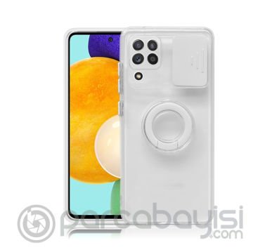 SM Galaxy A12 - M12 - F12 Kılıf Sürgülü Kamera Lens Korumalı Yüzük Standlı Silikon Kılıf