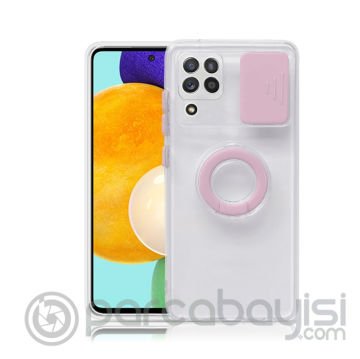 SM Galaxy A12 - M12 - F12 Kılıf Sürgülü Kamera Lens Korumalı Yüzük Standlı Silikon Kılıf