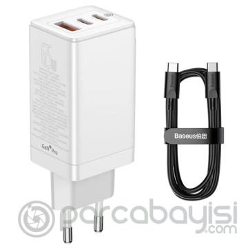 Baseus Gan3 Pro 65W 2 Type-C + USB Hızlı Şarj Başlığı Adaptörü ve Hızlı Şarj Type-C Kablosu Seti