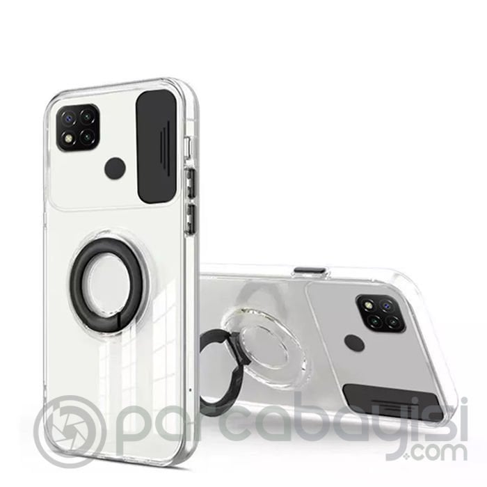 ALLY Xiaomi Redmi 9C Kılıf Sürgülü Kamera Lens Korumalı Yüzük Standlı Silikon Kılıf
