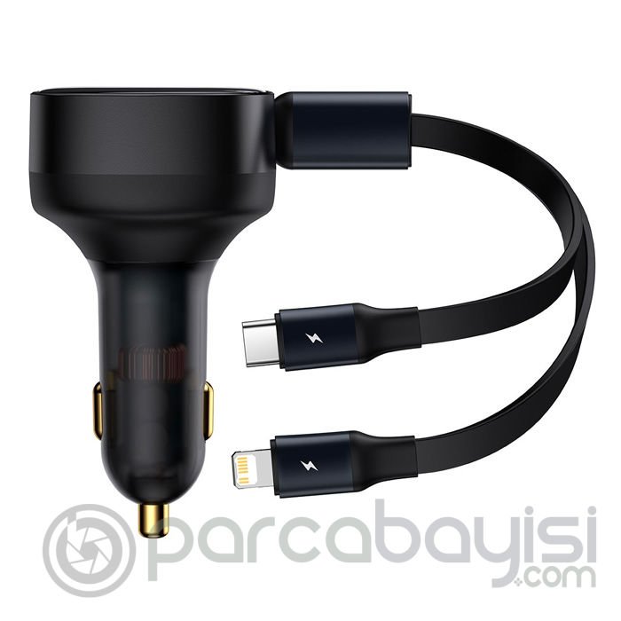 Baseus 2in1 Makaralı 30W Hızlı Şarj Type-C + Lightning iPhone Araç Şarj Cihazı