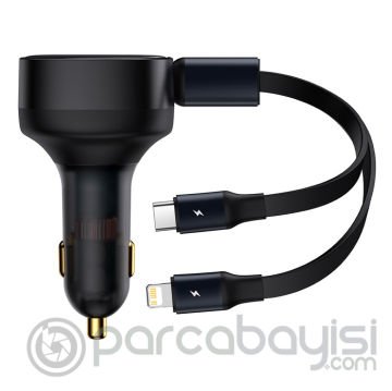 Baseus 2in1 Makaralı 30W Hızlı Şarj Type-C + Lightning iPhone Araç Şarj Cihazı