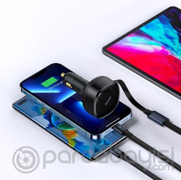 Baseus 2in1 Makaralı 30W Hızlı Şarj Type-C + Lightning iPhone Araç Şarj Cihazı