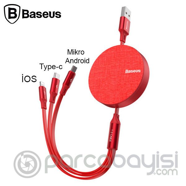 Baseus Fabric Makaralı 3in1 Type-C+iphone+micro Usb Şarj Kablo