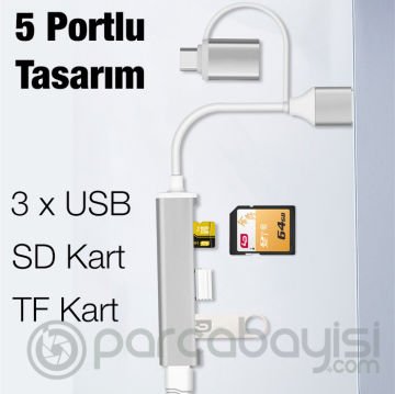 ALLY A-807 5in1 Type-C + USB Girişli USB 3.0 Çoğaltıcı Hub Adaptör