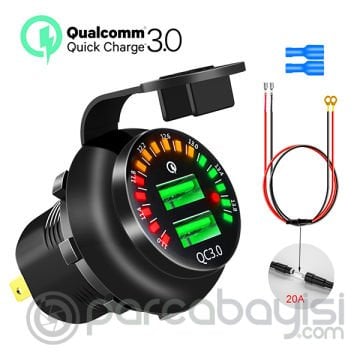 Ally QC3.0 Araç Su Geçirmez 12V Çift USB Şarj Soketi LED Voltmetre