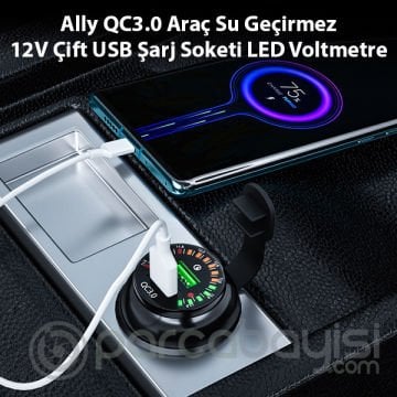 Ally QC3.0 Araç Su Geçirmez 12V Çift USB Şarj Soketi LED Voltmetre