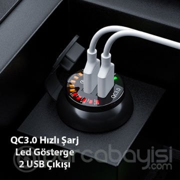 Ally QC3.0 Araç Su Geçirmez 12V Çift USB Şarj Soketi LED Voltmetre