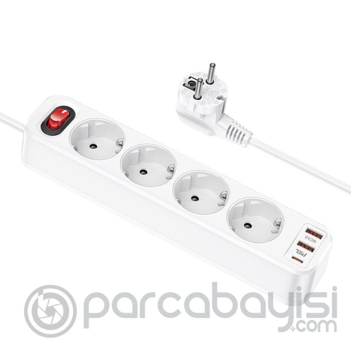 HOCO NS1 4lü Priz 2 USB 1 Type-C PD 20W 1.8 Metre Hızlı Şarj Uzatma Kablosu Akım Korumalı