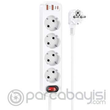 HOCO NS1 4lü Priz 2 USB 1 Type-C PD 20W 1.8 Metre Hızlı Şarj Uzatma Kablosu Akım Korumalı