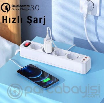 HOCO NS1 4lü Priz 2 USB 1 Type-C PD 20W 1.8 Metre Hızlı Şarj Uzatma Kablosu Akım Korumalı