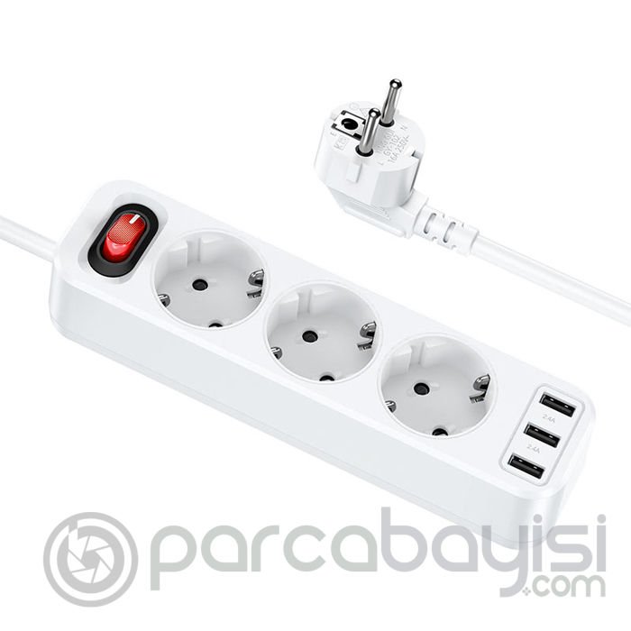 HOCO NS2 3lü Priz 3 USB 4000W 1.8 Metre Şarj Uzatma Kablosu Akım Korumalı