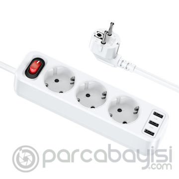 HOCO NS2 3lü Priz 3 USB 4000W 1.8 Metre Şarj Uzatma Kablosu Akım Korumalı