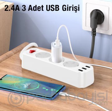 HOCO NS2 3lü Priz 3 USB 4000W 1.8 Metre Şarj Uzatma Kablosu Akım Korumalı