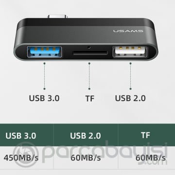 USAMS US-SJ463 USB-C to 2 USB 3.0 - TF Mini Çevirici Hub
