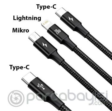 Baseus Rapid Series PD 20W 3in1 Type-C to Type-C + Lightning + Micro Hızlı Şarj Kablosu 1.5m