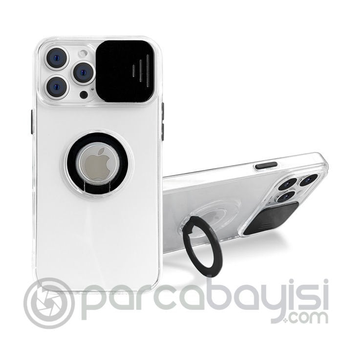 Ally iPhone 12 Pro Max Kılıf Sürgülü Kamera Lens Korumalı Yüzük Standlı Silikon Kılıf