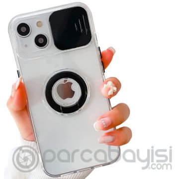 Ally iPhone 13 6.1 inç Kılıf Sürgülü Kamera Lens Korumalı Yüzük Standlı Silikon Kılıf