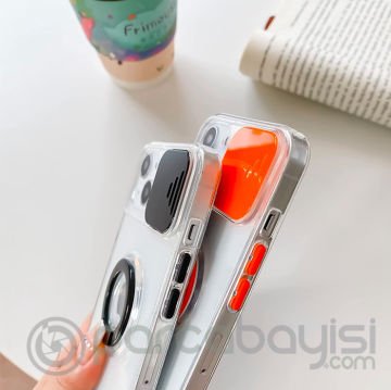 Ally iPhone 13 6.1 inç Kılıf Sürgülü Kamera Lens Korumalı Yüzük Standlı Silikon Kılıf