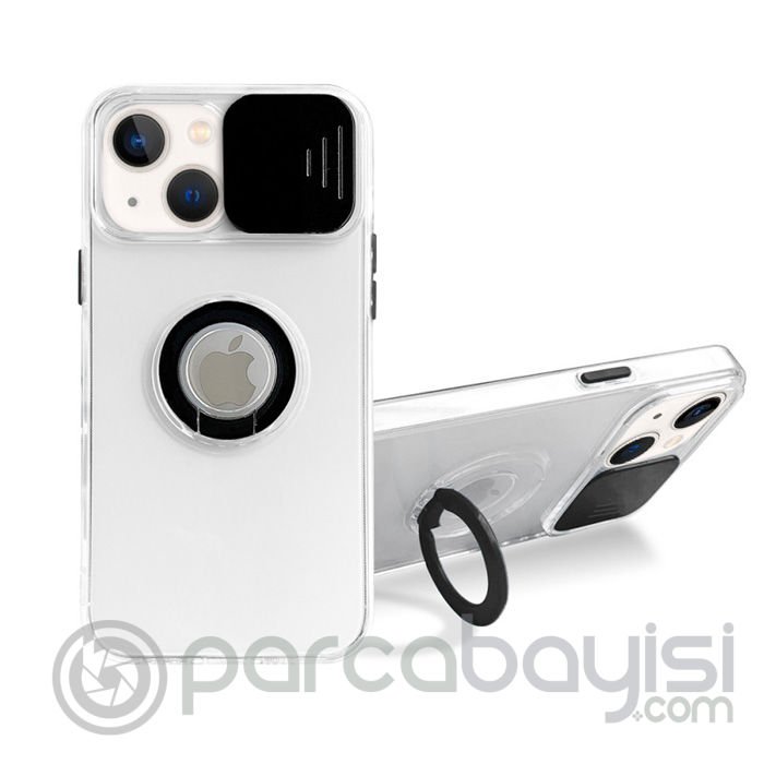 Ally iPhone 13 6.1 inç Kılıf Sürgülü Kamera Lens Korumalı Yüzük Standlı Silikon Kılıf