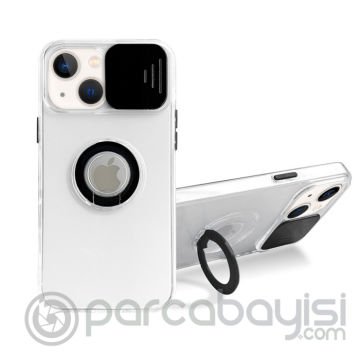 Ally iPhone 13 6.1 inç Kılıf Sürgülü Kamera Lens Korumalı Yüzük Standlı Silikon Kılıf